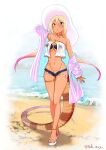  :&lt; alternate_costume bare_shoulders beach bikini bikini_top_only black_bikini blonde_hair blush collared_shirt cutoffs denim denim_shorts gold_anklet gold_choker hair_between_eyes hat highres kashisu_mint kemono_friends king_cobra_(kemono_friends) long_hair midriff navel ocean off-shoulder_shirt off_shoulder orange_eyes sandals shirt short_shorts shorts sidelocks snake_girl snake_tail sun_hat swimsuit tail thigh_strap white_hat white_sandals white_shirt 