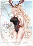  2girls animal_ears antlers arknights beach black_one-piece_swimsuit blonde_hair blush breasts commentary_request eyewear_on_head highres holding holding_shield horns horse_ears horse_tail large_breasts long_hair misago33695466 moose_antlers multiple_girls nearl_(arknights) nearl_(shimmering_dew)_(arknights) ocean one-piece_swimsuit ponytail request_inset shield sunglasses swimsuit tail twitter_username viviana_(arknights) 