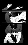  2boys benkdjjituibot black_background black_coat black_eyes black_hair coat greyscale hair_between_eyes hands_on_another&#039;s_waist head_down highres hug hug_from_behind inset_border kim_dokja knees_up leaning_on_person looking_at_another monochrome multiple_boys omniscient_reader&#039;s_viewpoint open_mouth outstretched_arms outstretched_hand popped_collar secretive_plotter short_hair sitting_between_lap white_coat 