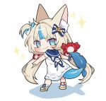  1girl absurdres ahoge animal_ears blonde_hair blue_eyes blue_hair cat_ears chibi crab dress fang fins fish_girl fish_tail highres indie_virtual_youtuber long_hair looking_at_viewer low_twintails mucheng multicolored_hair one_side_up sameko_saba sandals skin_fang sleeveless sleeveless_dress smile solo streaked_hair tail twintails very_long_hair virtual_youtuber white_dress 