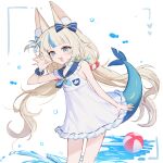  1girl :3 ahoge animal_ear_fluff animal_ears ball bare_arms beachball blonde_hair blue_eyes blue_hair blue_neckerchief blue_sailor_collar bow bubble cat_ears collar commentary dress fang fins fish fish_girl fish_tail floating_hair frilled_dress frills hair_bow hand_up heart indie_virtual_youtuber leaning_forward lifebuoy_hair_ornament long_hair looking_at_viewer low_twintails multicolored_hair neckerchief okyurita one_side_up open_mouth paper_boat sailor_collar sameko_saba scrunchie sleeveless sleeveless_dress smile solo splashing streaked_hair tail twintails very_long_hair virtual_youtuber water waving white_background white_dress wrist_scrunchie 