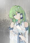  1girl blue_skirt breasts commentary crying crying_with_eyes_open detached_sleeves frog_hair_ornament gohei green_hair hair_ornament hair_tubes hakugyokurou_no_oojou-sama holding holding_gohei kochiya_sanae long_hair rain single_hair_tube skirt snake_hair_ornament solo tears touhou very_long_hair wet wet_clothes 