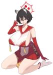  1girl absurdres animal_ear_fluff animal_ears black_eyes black_hair blue_archive breasts commentary_request cross-laced_slit elbow_gloves extra_ears full_body gloves hair_between_eyes halo highres korean_commentary kurowanjjyang large_breasts looking_at_viewer pleated_skirt raccoon_ears red_gloves red_halo red_sailor_collar red_skirt rope_belt sailor_collar short_hair sideboob sideless_outfit simple_background skirt solo tassel tsubaki_(blue_archive) white_background 