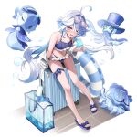  1girl absurdres alternate_costume bag bikini blue_bikini blue_eyes blue_hair blue_sandals blush breasts colored_inner_hair commentary_request cowlick drop-shaped_pupils food frilled_bikini frills furina_(genshin_impact) genshin_impact gentilhomme_usher highres holding holding_food holding_popsicle innertube long_hair looking_at_viewer mademoiselle_crabaletta multicolored_hair navel off_shoulder on_suitcase popsicle rolling_suitcase sandals shirt shoulder_bag small_breasts solo stomach suitcase surintendante_chevalmarin swim_ring swimsuit symbol-shaped_pupils water_gun wavy_hair white_background white_hair white_shirt yutoriko_(candy0905) 