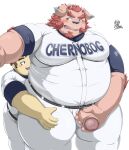 absurd_res anthro baseball_uniform belly chernobog_(tas) chubby_protagonist_(tas) clothing demon duo erection genitals hair handjob handjob_from_behind hi_res human lifewonders male male/male mammal miyakoji201 musclegut muscular pecs penile penis pink_body pink_hair protagonist_(tas) sex size_difference sportswear tokyo_afterschool_summoners uniform