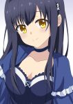  1girl absurdres black_camisole black_choker black_hair blue_capelet blush bone_hair_ornament breasts camisole capelet choker closed_mouth collarbone commentary frilled_capelet frilled_choker frills hair_between_eyes hair_ornament highres kushima_kamome long_hair looking_at_viewer medium_breasts ringed_eyes seihoku sidelocks simple_background skull_and_crossbones skull_hair_ornament smile solo split_mouth straight_hair summer_pockets upper_body white_background yellow_eyes 