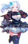  1girl absurdres belt black_dress black_thighhighs blue_belt blue_eyes blue_flower blue_hair blue_rose blue_scrunchie boots breasts dress flower gloves grey_dress grey_hair hair_between_eyes highres holding holding_microphone lace lace_gloves large_breasts leg_lift long_hair microphone nijisanji open_clothes open_dress open_mouth outstretched_arm outstretched_hand pleated_dress rose scrunchie side_ponytail smile standing standing_on_one_leg striped_clothes striped_dress tarbo_(exxxpiation) thigh_boots thighhighs thighs vertical-striped_clothes vertical-striped_dress virtual_youtuber white_background yukishiro_mahiro yukishiro_mahiro_(3rd_costume) zettai_ryouiki 