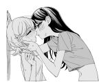  2girls bang_dream! bang_dream!_it&#039;s_mygo!!!!! blush camisole closed_eyes commentary_request greyscale half-closed_eyes hand_in_another&#039;s_hair kaname_raana korean_commentary long_hair looking_at_another medium_hair monochrome multiple_girls neonfloyd shiina_taki short_sleeves sweat wolf_cut yuri 