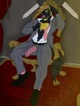 2019 anthro belt black_body black_fur blonde_eyebrows blonde_hair blonde_pubes blue_eyes body_hair business_suit canid canine chair chest_hair chest_tuft clothed clothing collared_shirt crown dress_shirt dress_shoes eyebrows eyewear facial_hair footwear fur furniture genital_piercing genitals glasses goatee grey_clothing grey_suit grin grinning_at_viewer hair headgear hi_res male mammal markings melee_weapon muscular muscular_anthro muscular_male necktie on_chair onyx_wasson open_clothing open_shirt open_topwear penis penis_piercing penis_poking_out penis_through_fly piercing pink_clothing pink_footwear pink_necktie pink_nose pink_penis pink_socks prince_albert_piercing pubes raccoon_dog rayorienrico red_rug ring_(marking) ringed_tail shirt sideburns sitting sitting_on_chair smile smiling_at_viewer smirk smirking_at_viewer smug smug_grin socks solo striped_markings striped_tail stripes suit sword tail tail_markings tanuki throne topwear tuft unbuttoned_shirt wall_mounted_weapon weapon white_dress_shirt