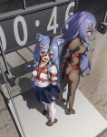  2girls absurdres animal_ear_fluff animal_ears armbinder arms_behind_back ball_gag bdsm blue_hair bodysuit bondage bound braided_twintails breasts collar collared_shirt commentary_request gag gag_harness gagged highres jin_se_zhu_yang_guang large_breasts latex latex_bodysuit loafers long_hair looking_at_viewer multiple_girls necktie one_bar_prison original pink_necktie pleated_skirt purple_eyes purple_hair pussy_juice restrained sailor_collar saliva_drip shibari shibari_over_clothes shirt shoes skirt small_breasts standing stationary_restraints thighhighs very_long_hair white_shirt white_thighhighs zettai_ryouiki 