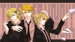  alternate_hairstyle bad_id bad_pixiv_id barnaby_brooks_jr blonde_hair blue_eyes formal green_eyes hair_ornament hairclip hand_on_shoulder ivan_karelin keith_goodman male_focus mrsloth multiple_boys necktie paper_airplane petting suit tiger_&amp;_bunny 