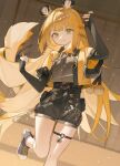  1girl absurdres animal_ear_fluff animal_ears blonde_hair colored_inner_hair fingerless_gloves gloves green_eyes highres ju_fufu komodo long_hair looking_at_viewer multicolored_hair shirt shorts smile solo striped_fur striped_hair tail tiger_ears tiger_girl tiger_stripes tiger_tail zenless_zone_zero 