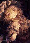  1girl absurdres black_background blonde_hair bow crystal_wings dress flandre_scarlet frilled_shirt_collar frills hair_between_eyes hat hat_bow hat_ribbon highres long_hair looking_at_viewer mob_cap open_mouth pointy_ears puffy_short_sleeves puffy_sleeves red_eyes red_ribbon ribbon short_sleeves smile solo touhou upper_body utsuro_(kz_hokuto) wrist_cuffs 