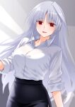  1girl black_pants blush bra bra_visible_through_clothes breasts collared_shirt engo_(aquawatery) grey_hair highres large_breasts long_hair long_sleeves looking_at_viewer lyrical_nanoha mahou_shoujo_lyrical_nanoha open_mouth pants red_eyes reinforce shirt simple_background single_hair_intake smile solo underwear white_background white_shirt 