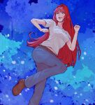  1girl aozaki_aoko belt blue_background blue_eyes blue_pants blush breasts brown_belt brown_shoes denim english_commentary hair_intakes highres jeans long_hair looking_to_the_side melty_blood pants purplerider red_hair shirt shoes smile solo standing standing_on_one_leg t-shirt tsukihime white_shirt 