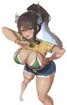  1girl absurdres asymmetrical_horns bikini black_hair blue_hair blue_shorts blush brazilian_flag brazilian_flag_print brazilian_miku brazilian_miku_(cosplay) breasts clothes_lift commentary cosplay dark-skinned_female dark_skin demon_horns denim denim_shorts english_commentary flag_print green_bikini harikyon_dzs hatsune_miku high_ponytail highres hololive hololive_english horns large_breasts long_hair mole mole_under_eye multicolored_hair nerissa_ravencroft ponytail print_shirt purple_eyes shirt shirt_lift short_shorts shorts simple_background slit_pupils solo swimsuit tan tanlines two-tone_hair uneven_horns virtual_youtuber white_background yellow_shirt 