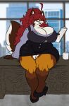 ahoge anthro beverage big_breasts biped blurred_background bottomwear breast_squish breasts button_(fastener) canid canine cleavage clipboard clothed clothing coffee coffee_mug container cup curvy_figure desk digital_drawing_(artwork) digital_media_(artwork) eyewear female footwear fox fur furniture glasses hair heelpop hi_res high_heels huge_breasts inside long_hair looking_at_viewer loose_footwear mammal maple_(mexifurfoof) messy_hair mexifurfoof office open_mouth pencil_skirt photo_background photography_(artwork) ponytail red_hair shoe_dangle shoes skirt smile solo squish straining_buttons table tail thick_thighs topwear voluptuous wide_hips