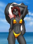 2025 3:4 5_fingers abs absurd_res alternate_version_at_paywall anthro big_tail bikini bikini_only black_body black_fur black_nose blurred_background breasts butt butt_from_the_front claws clothed clothed_anthro clothed_female clothing cocked_hip collarbone dated digital_media_(artwork) digital_painting_(artwork) eyebrow_through_hair eyebrows facial_markings female female_anthro finger_claws fingers fluffy fluffy_tail forehead_markings front_view fur glistening glistening_bikini glistening_clothing glistening_swimwear gold_bikini golden_week green_eyes hair head_markings hi_res kim_(mykegreywolf) light looking_at_viewer mammal markings medium_breasts medium_hair mephitid midriff multicolored_tail mykegreywolf navel painting_(artwork) portrait red_eyebrows red_hair reflective_clothing sea shielding_eyes skinny_anthro skinny_female skunk sky small_waist smile smiling_at_viewer solo striped_skunk sunlight swimwear tail text three-quarter_portrait translucent translucent_hair two-piece_swimsuit under_boob url ventral_groove water