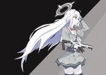  1girl adjusting_hair arm_up assault_rifle aw6elg7t2ejl3nc black_corset blue_archive closed_mouth collared_dress commentary_request corset cowboy_shot dress from_side grey_serafuku gun hair_between_eyes halo head_wings highres holding holding_gun holding_weapon id_card long_hair long_sleeves mole mole_under_eye red_eyes rifle sailor_dress school_uniform serafuku sig_mcx single_head_wing single_wing skirt solo suzumi_(blue_archive) thighhighs very_long_hair weapon white_hair wings 