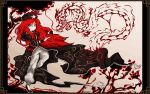  1girl absurdres artist_name beret black_coat black_shoes blue_eyes braid coat commentary dragon dragon_print esculd full_body hat hat_ornament highres hong_meiling koumajou_densetsu long_hair looking_at_viewer pants pixel_art red_hair shoes side_braids solo star_(symbol) star_hat_ornament touhou tree twin_braids white_pants 