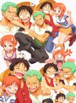  1girl 2boys anger_vein angry arm_around_neck arrow_(symbol) bandana bandana_around_arm bare_arms bare_shoulders black_bandana black_hair blank_eyes boots breasts brown_boots buttons cheek_pull clenched_teeth commentary_request cropped_torso earrings friends full_body furrowed_brow gloom_(expression) green_hair grin happy haramaki hat hat_on_back head_bump highres jewelry laughing looking_at_another medium_breasts miniskirt monkey_d._luffy multiple_boys multiple_views nami_(one_piece) oekakiboya official_alternate_costume one_piece open_mouth orange_eyes orange_hair pants pink_shirt red_vest roronoa_zoro sandals scar scar_on_cheek scar_on_face sharp_teeth shirt shoes short_hair short_sleeves shoulder_tattoo skirt sleeveless sleeveless_shirt smile straw_hat straw_hat_pirates striped_clothes striped_shirt sweat sweatdrop tattoo tearing_up teeth two-tone_shirt upper_body v-neck v-shaped_eyebrows vest white_shirt yellow_skirt 