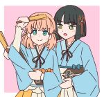  2girls 37.5c_no_fantasy :d alt_text aqua_eyes black_hair black_sash blue_kimono blunt_bangs blunt_ends bob_cut cerise_bouquet closed_mouth commentary_request dancing flower flower_knot folded_fan folding_fan green_eyes hair_flower hair_ornament hand_fan hinoshita_kaho holding holding_fan japanese_clothes kimono layered_sleeves link!_like!_love_live! long_sleeves looking_at_another love_live! medium_hair momose_ginko multiple_girls nogreen obi obiage obijime official_alternate_costume open_mouth orange_hair rabbit_hair_ornament sash short_hair smile split_mouth sweat teaching two-tone_sash two_side_up virtual_youtuber white_sash wide_sleeves 