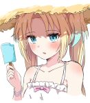  1girl alternate_costume armpit_crease bare_shoulders blonde_hair blue_eyes blue_hair blush collarbone commentary_request curtained_hair dress food frilled_dress frills gradient_hair hat highres holding holding_food holding_popsicle hot katanashi_(ktnsh_popu) link!_like!_love_live! looking_at_viewer love_live! multicolored_hair osawa_rurino parted_bangs parted_lips popsicle sleeveless sleeveless_dress solo spaghetti_strap straw_hat sundress sweat twintails upper_body virtual_youtuber white_dress 