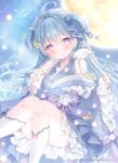  1girl :o ahoge amaui bare_shoulders blue_bow blue_hair blue_kimono blue_ribbon blush bow commentary_request convenient_leg creature creature_on_shoulder crescent crescent_hair_ornament frilled_sleeves frills hair_between_eyes hair_bow hair_ornament hair_ribbon hand_up japanese_clothes kimono kneehighs long_sleeves looking_at_viewer moon nanashi_inc. official_art omochi_monaka on_shoulder outdoors parted_lips purple_bow purple_eyes ribbon shooting_star sitting socks solo star_(sky) star_(symbol) virtual_youtuber waist_bow white_socks wide_sleeves 