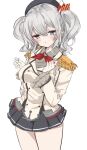  1girl beret black_skirt blue_eyes chigasaki_yukari cowboy_shot epaulettes frilled_sleeves frills gloves grey_hair grey_shirt hat highres kantai_collection kashima_(kancolle) long_hair looking_at_viewer military_uniform neckerchief pleated_skirt red_neckerchief shirt simple_background skirt solo standing twintails wavy_hair white_background white_gloves 