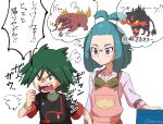  1boy 1girl apron aqua_hair black_jacket bracelet brown_eyes buttons closed_mouth commentary_request glasses goggles goggles_around_neck green_shirt hand_up jacket jewelry karna_(pokemon) light_blush litten looking_at_another looking_down maschiff omotemuki open_mouth pink_apron pokemon pokemon_(anime) pokemon_horizons purple_eyes round_eyewear shirt speech_bubble teeth thought_bubble tongue translation_request ult_(pokemon) white_background 