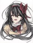  1girl akemi_homura black_hair bow bowtie closed_eyes cropped_torso hair_bow hairband highres long_hair mahou_shoujo_madoka_magica misteor mitakihara_school_uniform open_mouth red_bow red_bowtie red_hairband school_uniform shirt signature solo sweater white_shirt yellow_sweater 
