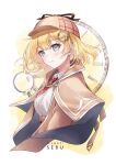  1girl blonde_hair blue_eyes bob_cut breasts brown_capelet capelet detective hair_ornament hat holding holding_magnifying_glass hololive hololive_english long_sleeves looking_at_viewer magnifying_glass mustache_print necktie plaid_clothes plaid_skirt pocket_watch red_necktie sebu_illust shirt short_hair short_necktie skirt smile solo virtual_youtuber watch watson_amelia watson_amelia_(1st_costume) white_shirt 