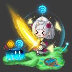  1girl absurdres armor belt bow chibi claymore_(sword) energy_barrier energy_shield flower genshin_impact glowing glowing_weapon grey_background grey_hair highres hydro_slime_(genshin_impact) maid noelle_(genshin_impact) non-web_source on_grass pink_bow rose self-upload short_hair slime_(genshin_impact) smile trapped weapon 