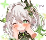  !? 1girl ;t artist_name blush closed_mouth commentary_request cross-shaped_pupils disembodied_hand gem genshin_impact gold_trim green_eyes green_gemstone hair_between_eyes hair_intakes hair_ornament hands_on_another&#039;s_cheeks hands_on_another&#039;s_face highres kotohaneko_0307 leaf_hair_ornament long_hair looking_at_viewer nahida_(genshin_impact) pointy_ears side_ponytail signature simple_background solo_focus symbol-shaped_pupils white_background white_hair 