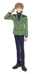  1boy black_pants black_shoes brown_hair dress_shoes epaulettes full_body green_eyes green_jacket gundam gundam_gquuuuuux highres jacket looking_at_viewer male_focus military_uniform mole mole_under_mouth official_art pants salute science_fiction shoes short_hair simple_background solo standing striped_clothes striped_pants transparent_background turtleneck xavier_olivette zeon 