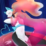 animal_humanoid anthro black_body blue_ears blush clothing deltarune dulce_ratoncita duo felid felid_humanoid feline feline_humanoid female female/female hair hand_on_face heart_symbol heart_tail hi_res humanoid love mammal mammal_humanoid miss_mizzle pink_body pink_hair smile smirk tail tasque_manager undertale_(series) water yellow_eyes