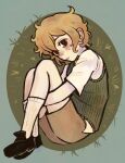  1boy alternate_eye_color basil_(faraway)_(omori) basil_(omori) black_eyes black_shoes blonde_hair blush brown_shorts collared_shirt full_body green_sweater_vest highres knees_up looking_at_viewer lying male_focus omori on_side ottie_pops parted_lips shirt shoes short_hair short_sleeves shorts socks solo sweater_vest white_shirt white_socks 