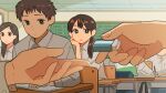  brown_eyes brown_hair chalkboard classroom collared_shirt desk eraser giving head_rest highres holding kojiro337 long_hair long_sleeves original school_desk shirt short_hair white_shirt 