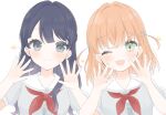  2girls ;d blue_eyes blue_hair braid closed_mouth dress green_eyes grey_dress half_up_braid half_updo hands_up hasu_no_sora_school_uniform highres hinoshita_kaho link!_like!_love_live! looking_at_viewer love_live! multiple_girls murano_sayaka neckerchief one_eye_closed open_hands open_mouth orange_hair puffy_short_sleeves puffy_sleeves red_neckerchief sailor_collar school_uniform short_sleeves simple_background smile split_mouth summer_uniform umi_(nana_spring) upper_body virtual_youtuber white_background white_sailor_collar 