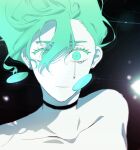  1girl aqua_eyes aqua_hair ayase_momo bare_shoulders black_bow black_choker bow choker closed_mouth collarbone commentary_request crying crying_with_eyes_open dandadan earrings eyelashes floating_earrings floating_hair gradient_hair green_hair hair_between_eyes highres jewelry long_hair looking_at_viewer multicolored_hair nimaigai_2222 solo tears topless_female transformation upper_body 