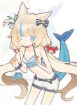  1girl absurdres ahoge animal_ear_fluff animal_ears bare_arms bikini blonde_hair blue_eyes blue_hair bow cat_ears closed_mouth commentary cowboy_shot crab dotted_background embarrassed fins fish_girl fish_tail floating_hair frills hair_bow hands_up hashtag-only_commentary head_tilt highleg highleg_bikini highres indie_virtual_youtuber leaning_forward lifebuoy_hair_ornament light_blush long_hair looking_at_viewer low_twintails multicolored_hair one_eye_closed one_side_up onigiwi2namayo sameko_saba scrunchie short_shorts shorts sidelocks simple_fish solo square_pupils streaked_hair striped_bikini striped_clothes swimsuit tail twintails very_long_hair virtual_youtuber white_background white_shorts wrist_scrunchie zoom_layer 