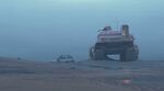  absurdres car cloud cloudy_sky graffiti gun highres motor_vehicle no_humans outdoors rock sand science_fiction simon_stalenhag sky sports_utility_vehicle swedish_machines unconventional_vehicle weapon 