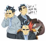  1boy black_eyes black_hair black_jacket black_pants blue_necktie breast_pocket closed_mouth collared_shirt commentary english_text grey_shirt hand_up highres jacket larry_(pokemon) lynn_(daisiloou) male_focus multiple_views necktie pants pocket pokemon pokemon_(creature) pokemon_on_back pokemon_sv shirt short_hair staraptor white_background 