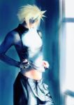  1boy belt blonde_hair blue_eyes clothes_lift cloud_strife earrings english_commentary final_fantasy final_fantasy_vii glowing glowing_eyes highres holding jewelry looking_at_viewer male_focus shirt shirt_lift short_hair single_earring sleeveless sleeveless_turtleneck spiked_hair stomach turtleneck veins wadanoki1st window 