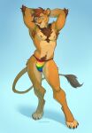 anthro arm_tuft armpit_tuft arms_above_head body_hair chest_fur clothing elbow_tuft eyebrows eyewear felid glasses half-closed_eyes hi_res lion male mammal multicolored_clothing multicolored_underwear muscular muscular_male narrowed_eyes pantherine pubes rainbow_clothing rainbow_underwear raised_eyebrows rinibeanie round_glasses simple_background solo tuft underwear
