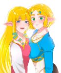  2girls absurdres big_egg526 blue_eyes blue_shirt braid collarbone commentary crossover crown_braid dress green_eyes hair_ornament hairclip highres in-franchise_crossover long_hair looking_at_viewer multiple_girls open_mouth pink_dress pointy_ears princess_zelda puffy_sleeves shirt short_hair sidelocks simple_background smile teeth the_legend_of_zelda the_legend_of_zelda:_skyward_sword the_legend_of_zelda:_tears_of_the_kingdom upper_teeth_only white_background 