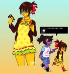  1girl 1other alternate_costume alternate_hairstyle blue_shorts blush bow brown_cardigan brown_hair cardigan clenched_hand collarbone colored_sclera colored_skin colored_teeth crossdressing deltarune dialogue_box dress expressionless eyes_in_shadow floral_print floral_print_dress frilled_dress frills gold_necklace hair_bow hair_over_eyes hair_over_one_eye hand_up heart heart_necklace high_ponytail holding holding_phone jewelry kris_(deltarune) kristiankyoki layered_sleeves long_sleeves necklace open_mouth other_focus phone ponytail print_dress purple_skin purple_sleeves red_bow red_socks reptile_girl sharp_teeth shirt short_dress short_hair short_over_long_sleeves short_sleeves shorts sleeveless sleeveless_dress socks speech_bubble susie_(deltarune) t-shirt teeth tomboy walking yellow_dress yellow_sclera yellow_skin yellow_teeth 