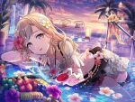  1girl alternate_costume artist_request bang_dream! blonde_hair chair cloud cloudy_sky flower food fruit hair_ornament holding ichigaya_arisa long_hair looking_at_viewer official_alternate_costume official_art on_water outdoors palm_tree pool sky solo strawberry sunset tree water waterfall wet yellow_eyes 
