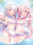  2girls :d animal_ear_fluff animal_ears apron bikini blue_bow blue_bowtie blue_eyes blush bow bowtie breasts cat_ears cat_girl cat_tail cleavage cowboy_shot dated day fang finger_to_own_chin flower food frilled_bikini frilled_thigh_strap frills grey_hair hand_up heterochromia highres holding holding_tray long_hair looking_at_viewer maid_headdress multiple_girls navel official_art omochi_monaka open_mouth original outdoors palm_tree pink_bow pink_bowtie pink_hair purple_eyes skin_fang small_breasts smile swimsuit tail thigh_strap tray tree twintails very_long_hair wading water wrist_cuffs yellow_flower 