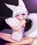  1girl animal_ears babydoll blush chenki_(chenki) crossed_legs fox_ears fox_girl fox_tail grey_hair hair_ornament heart heart_hair_ornament hugging_object nose_blush phase_connect pillow pillow_hug purple_babydoll purple_eyes solo tail tenma_maemi virtual_youtuber 